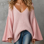 ElevenOra Chic Elegant Pink V-Neck PU Patchwork Long-Flare-Sleeve Oversize Wool Blend Knit Sweater