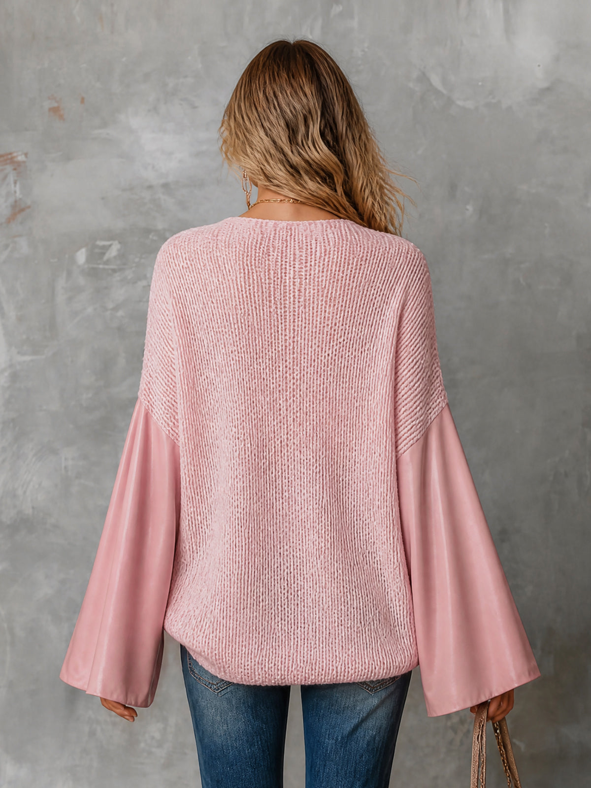ElevenOra Chic Elegant Pink V-Neck PU Patchwork Long-Flare-Sleeve Oversize Wool Blend Knit Sweater