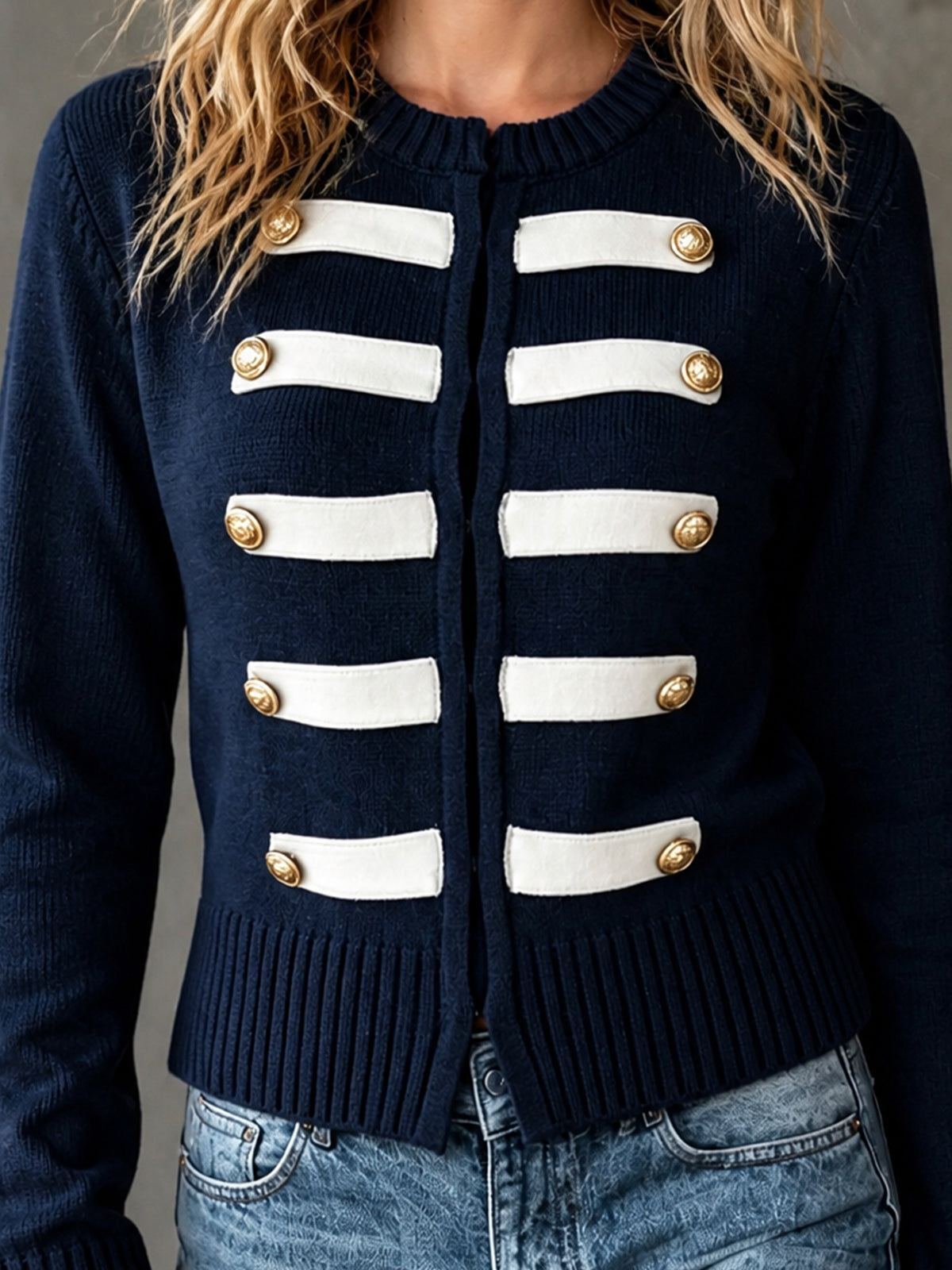 ElevenOra Chic Casual Navy Blue-White Colorblock Round-Neck Long-Sleeve Single-Breasted Slim-Fit Cotton Blend Knit Cardigan