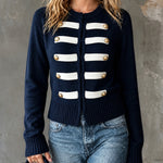 ElevenOra Chic Casual Navy Blue-White Colorblock Round-Neck Long-Sleeve Single-Breasted Slim-Fit Cotton Blend Knit Cardigan