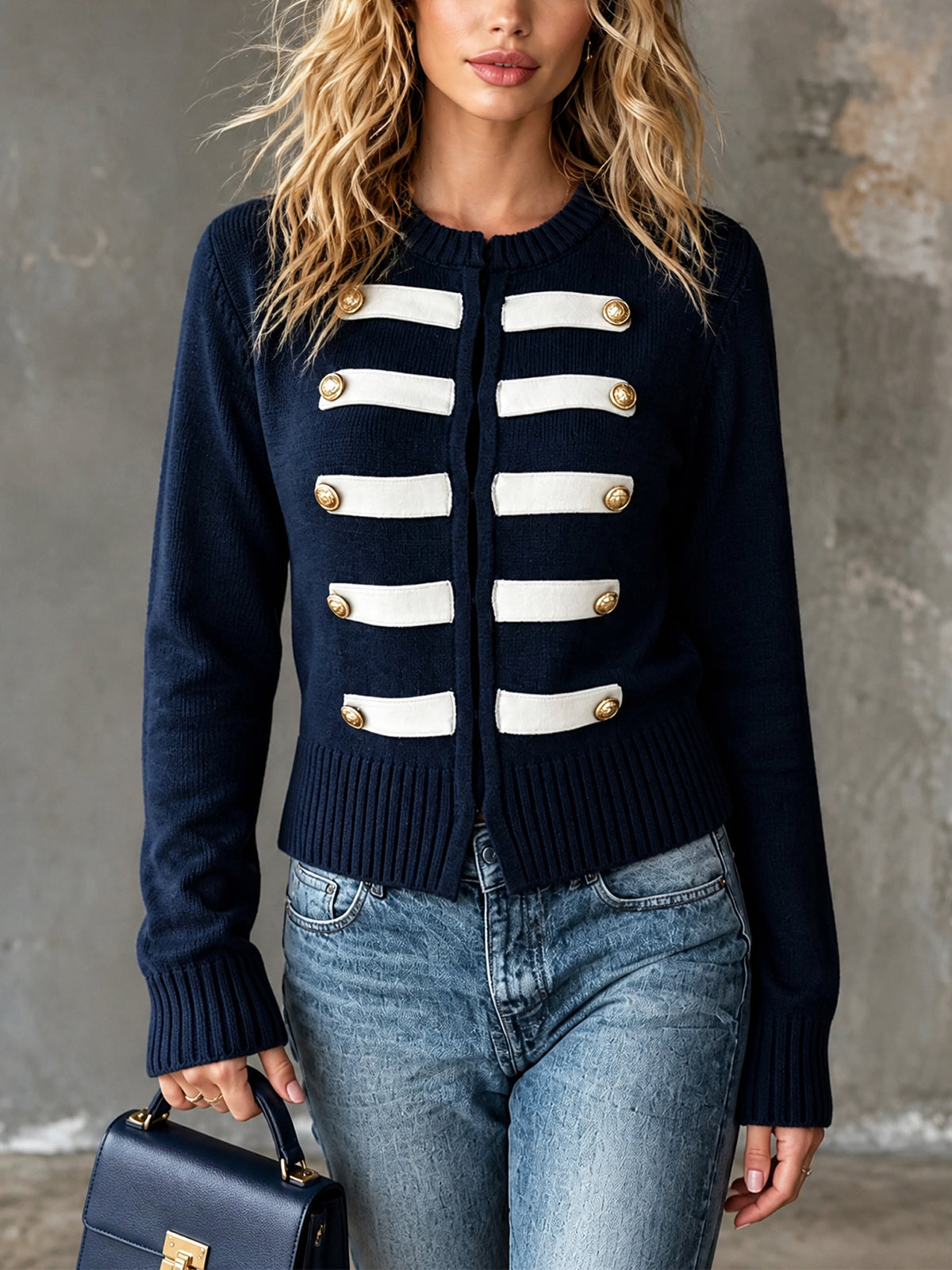 ElevenOra Chic Casual Navy Blue-White Colorblock Round-Neck Long-Sleeve Single-Breasted Slim-Fit Cotton Blend Knit Cardigan