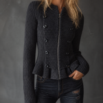 ElevenOra Chic Casual Dark Gray Stand Collar Zip Front Button Detail Long-Sleeve Ruffle Hem Slim-Fit Ribbed Knit Cardigan