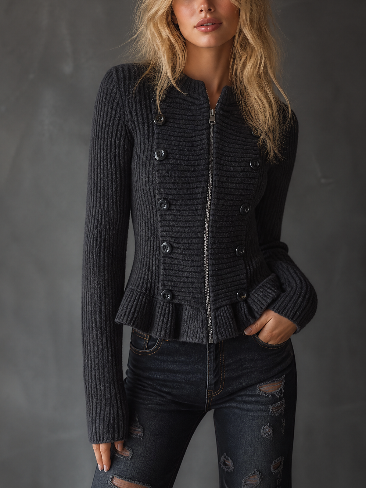 ElevenOra Chic Casual Dark Gray Stand Collar Zip Front Button Detail Long-Sleeve Ruffle Hem Slim-Fit Ribbed Knit Cardigan