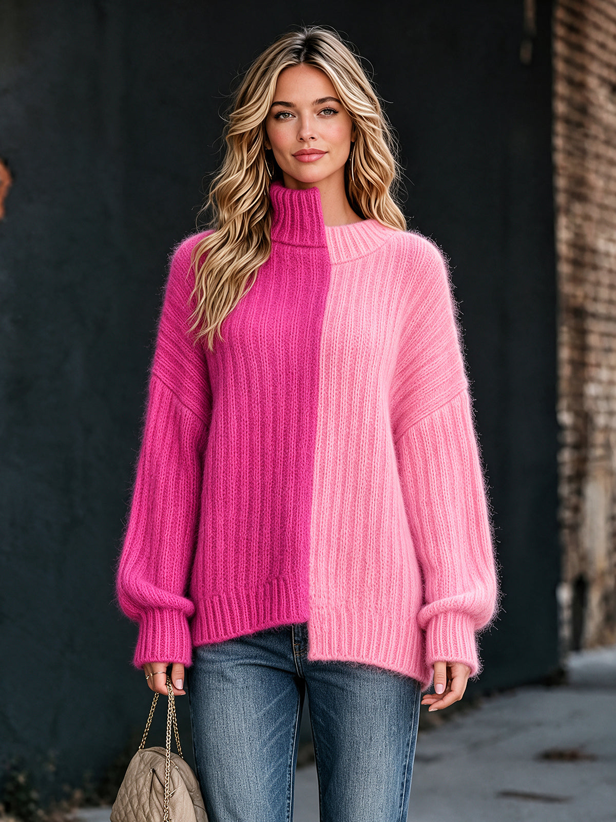 ElevenOra Chic Deconstructivist Style Pink-Hot Pink Colorblock Long-Sleeve Loose-Fit Mohair Blend Ribbed Knit Sweater