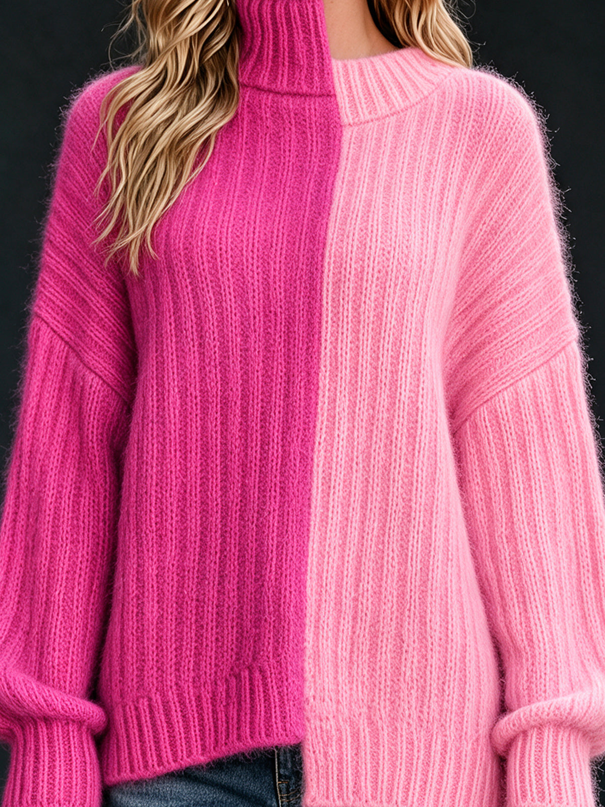 ElevenOra Chic Deconstructivist Style Pink-Hot Pink Colorblock Long-Sleeve Loose-Fit Mohair Blend Ribbed Knit Sweater