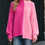 ElevenOra Chic Deconstructivist Style Pink-Hot Pink Colorblock Long-Sleeve Loose-Fit Mohair Blend Ribbed Knit Sweater