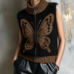 ElevenOra Chic Casual Black Stand Collar Zip Front Butterfly Jacquard Sleeveless Contrast Hem Loose-Fit Soft Fuzzy Knit Vest