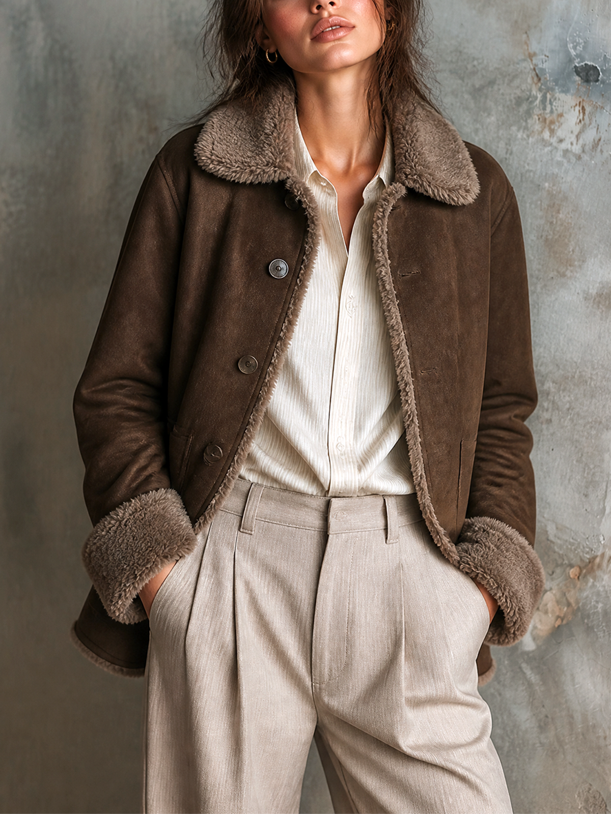 ElevenOra Chic Casual Brown Lapel Collar Long-Sleeve Single-Breasted Loose-Fit Faux Suede Shearling Lined Jacket
