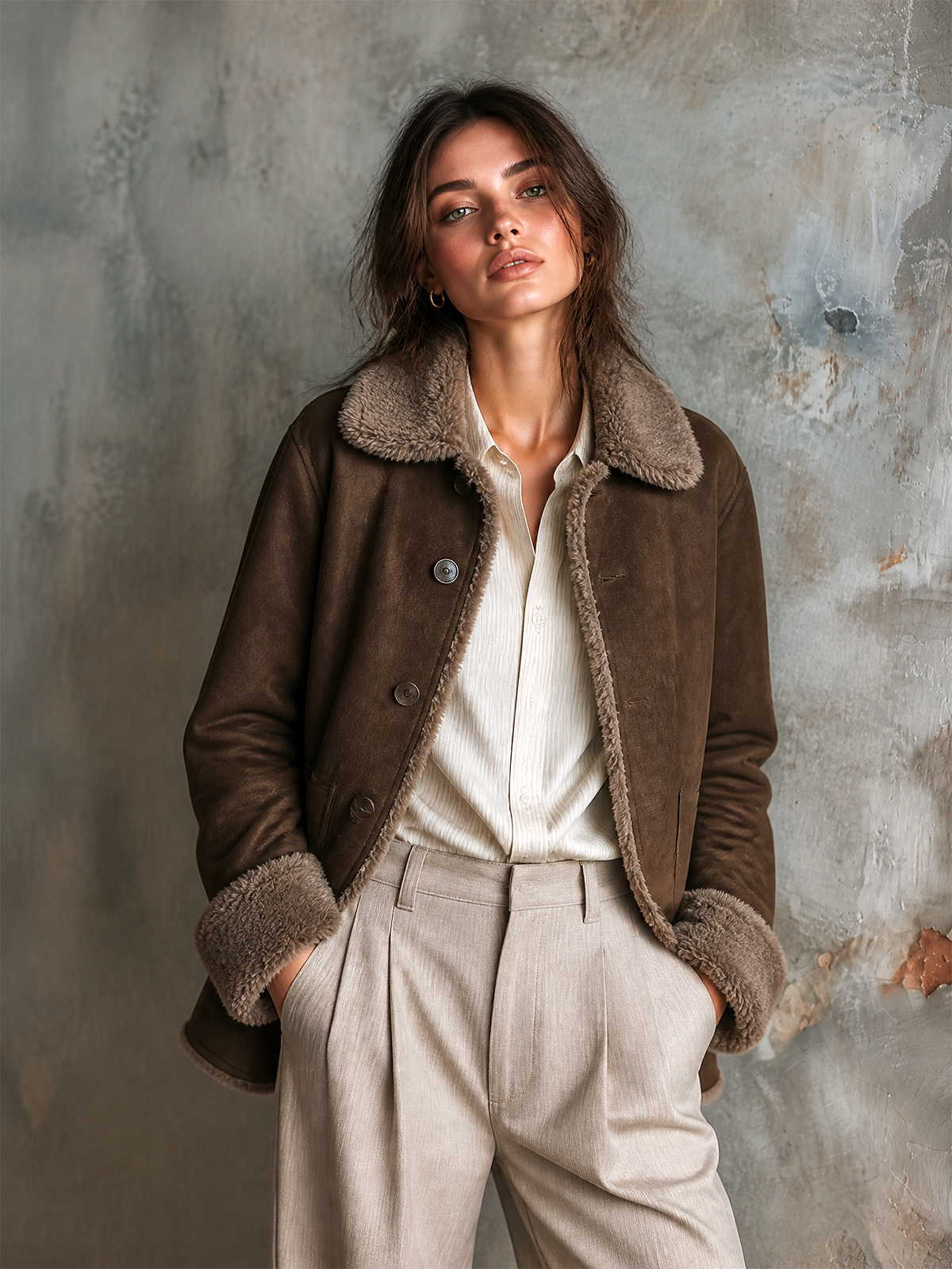ElevenOra Chic Casual Brown Lapel Collar Long-Sleeve Single-Breasted Loose-Fit Faux Suede Shearling Lined Jacket