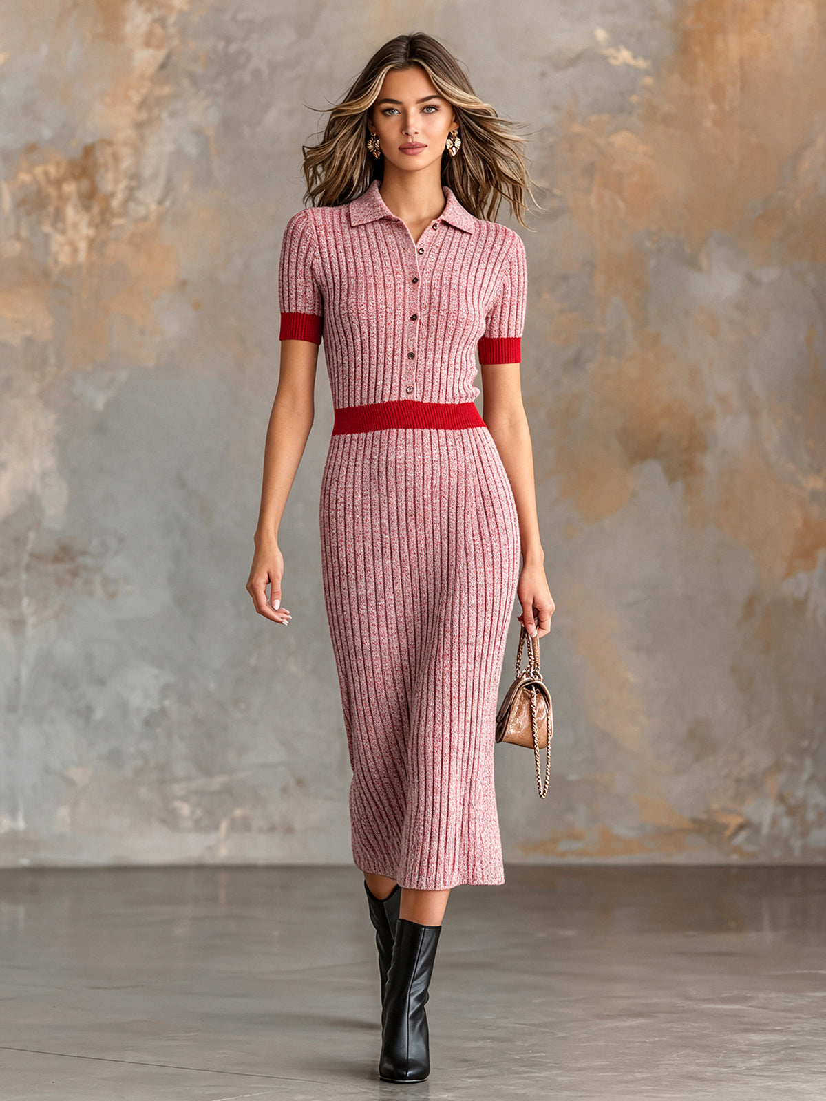 ElevenOra Chic Elegant Pink-Red Colorblock Lapel Collar Short-Sleeve Button-Front Slim-Fit Wool Blend Ribbed Knit Midi Dress