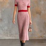 ElevenOra Chic Elegant Pink-Red Colorblock Lapel Collar Short-Sleeve Button-Front Slim-Fit Wool Blend Ribbed Knit Midi Dress