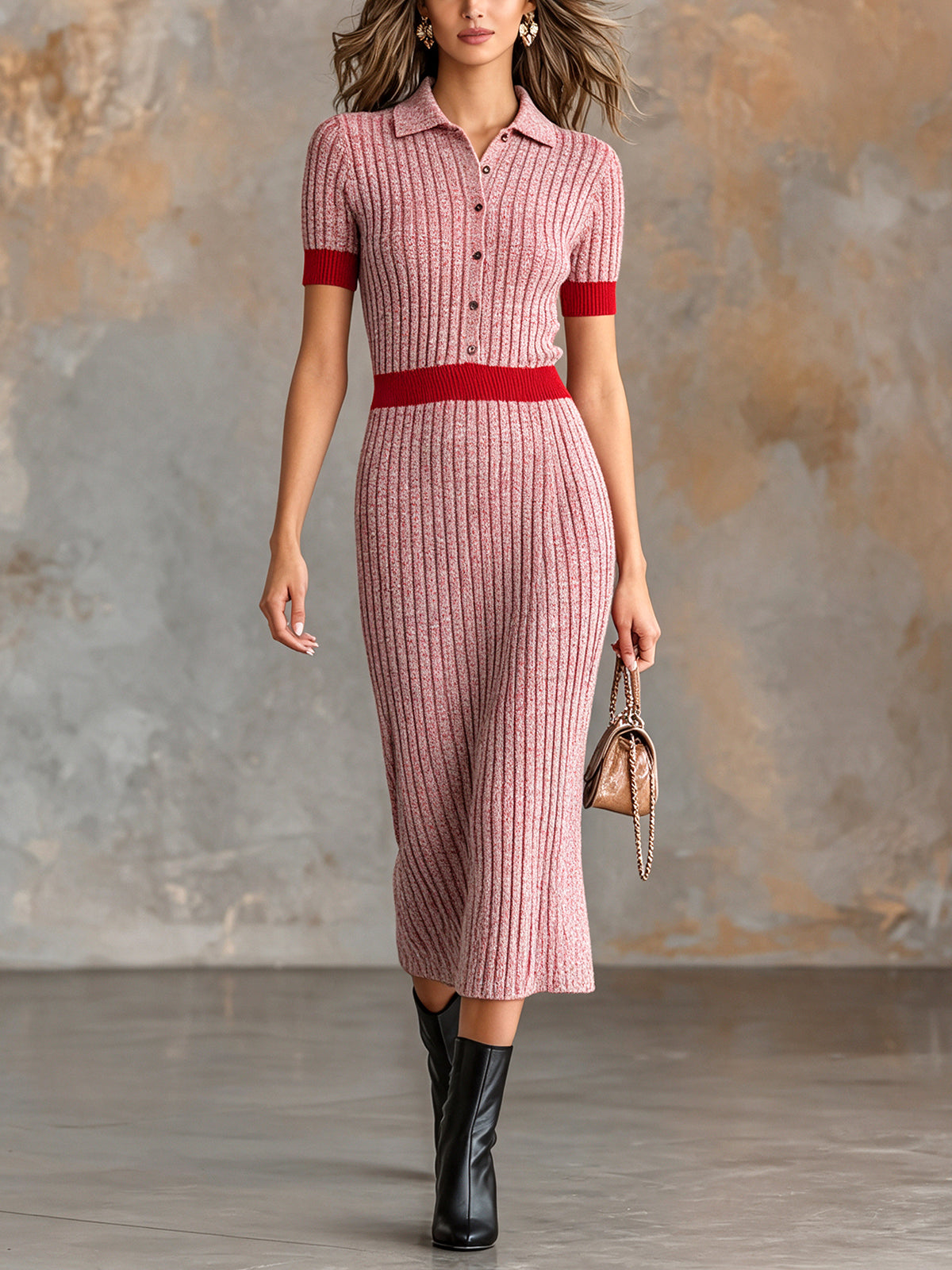 ElevenOra Chic Elegant Pink-Red Colorblock Lapel Collar Short-Sleeve Button-Front Slim-Fit Wool Blend Ribbed Knit Midi Dress