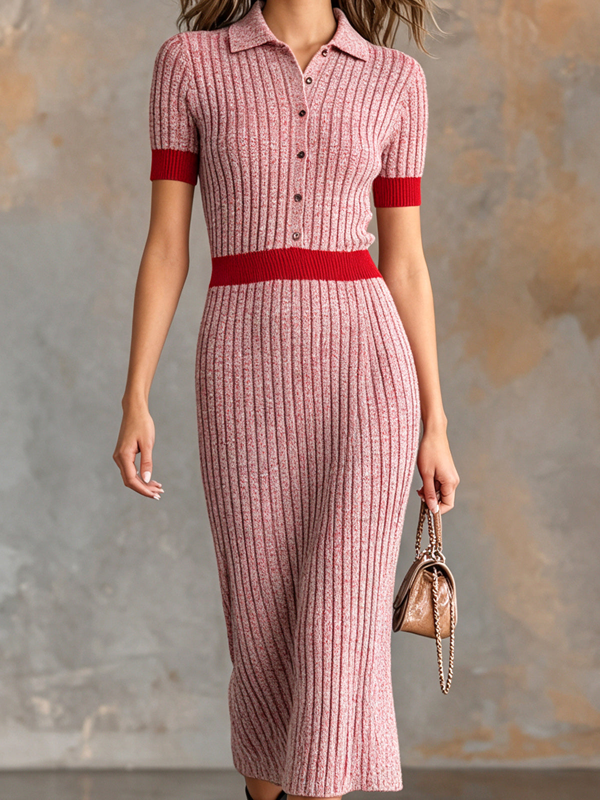 ElevenOra Chic Elegant Pink-Red Colorblock Lapel Collar Short-Sleeve Button-Front Slim-Fit Wool Blend Ribbed Knit Midi Dress