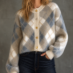 ElevenOra Chic Casual Cream-Dusty Blue Crew Neck Argyle Jacquard Single-Breasted Long-Sleeve Loose-Fit Soft Fuzzy Mohair Knit Cardigan