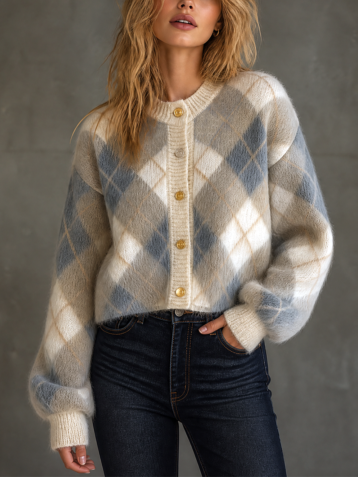 ElevenOra Chic Casual Cream-Dusty Blue Crew Neck Argyle Jacquard Single-Breasted Long-Sleeve Loose-Fit Soft Fuzzy Mohair Knit Cardigan