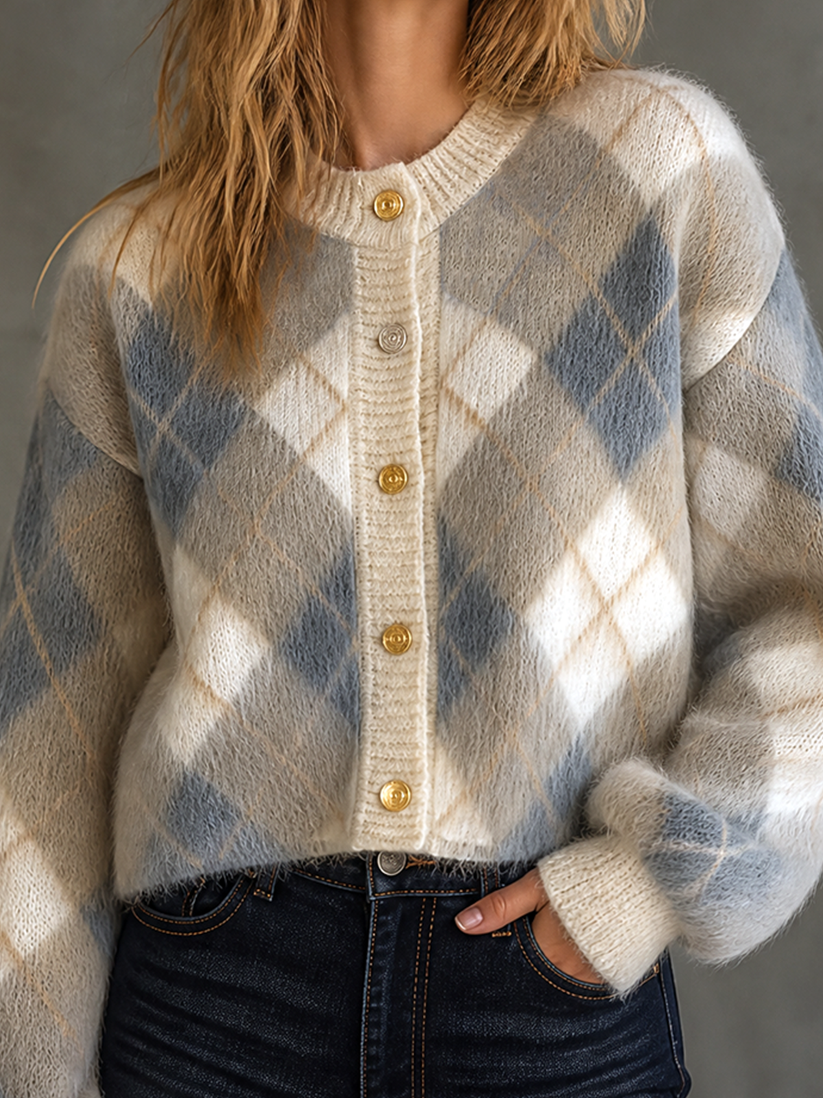 ElevenOra Chic Casual Cream-Dusty Blue Crew Neck Argyle Jacquard Single-Breasted Long-Sleeve Loose-Fit Soft Fuzzy Mohair Knit Cardigan