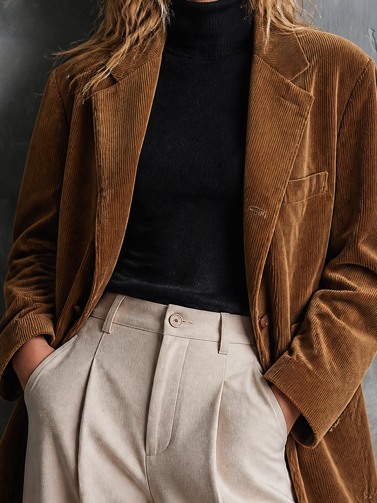 ElevenOra Chic Casual Brown Notched Lapel Collar Long-Sleeve Single-Breasted Loose-Fit Corduroy Blazer Jacket