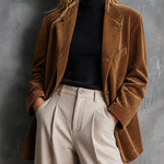 ElevenOra Chic Casual Brown Notched Lapel Collar Long-Sleeve Single-Breasted Loose-Fit Corduroy Blazer Jacket