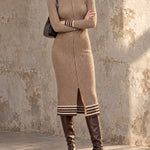 ElevenOra Chic Elegant Light Brown Mock-Neck Long-Sleeve Zipper-Front Contrast Stripe Detail Side-Slit Slim-Fit Ribbed Knit Midi Dress
