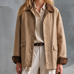 ElevenOra Chic Casual Khaki Lapel Collar Metal Snap Button Long-Sleeve Contrast Suede Trim Cargo Patch Pocket Loose-Fit Cotton Jacket