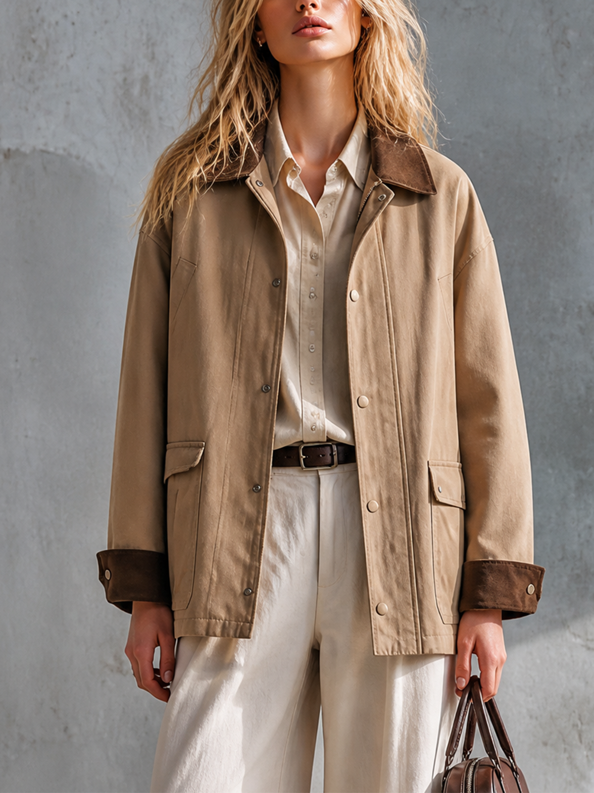 ElevenOra Chic Casual Khaki Lapel Collar Metal Snap Button Long-Sleeve Contrast Suede Trim Cargo Patch Pocket Loose-Fit Cotton Jacket