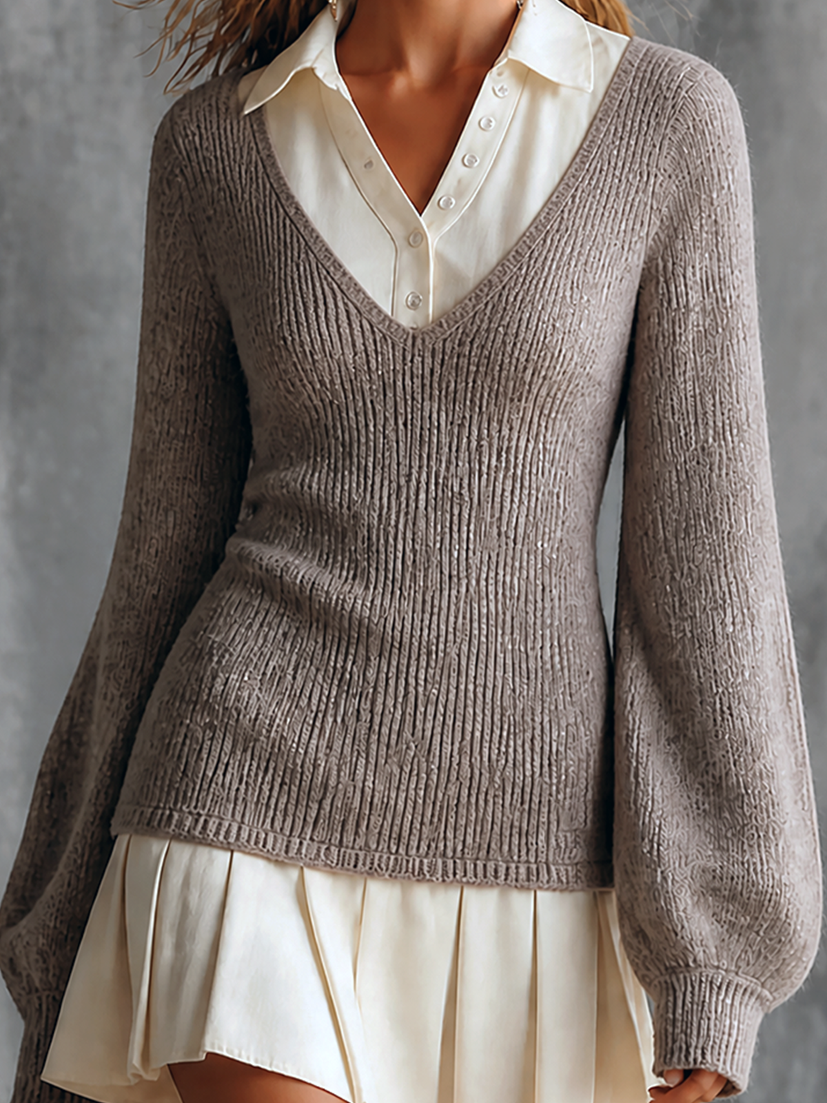 ElevenOra Chic Elegant Taupe Lapel Collar V-Neck Bishop Long Sleeve Chiffon Panel Pleated Hem Slim-Fit Ribbed Faux Two-Piece Knit Mini Dress