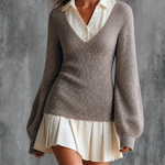ElevenOra Chic Elegant Taupe Lapel Collar V-Neck Bishop Long Sleeve Chiffon Panel Pleated Hem Slim-Fit Ribbed Faux Two-Piece Knit Mini Dress