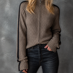 ElevenOra Chic Casual Taupe Stand Collar Zip Front Contrast Black Side Stripe Long-Sleeve Slim-Fit Ribbed Knit Cardigan