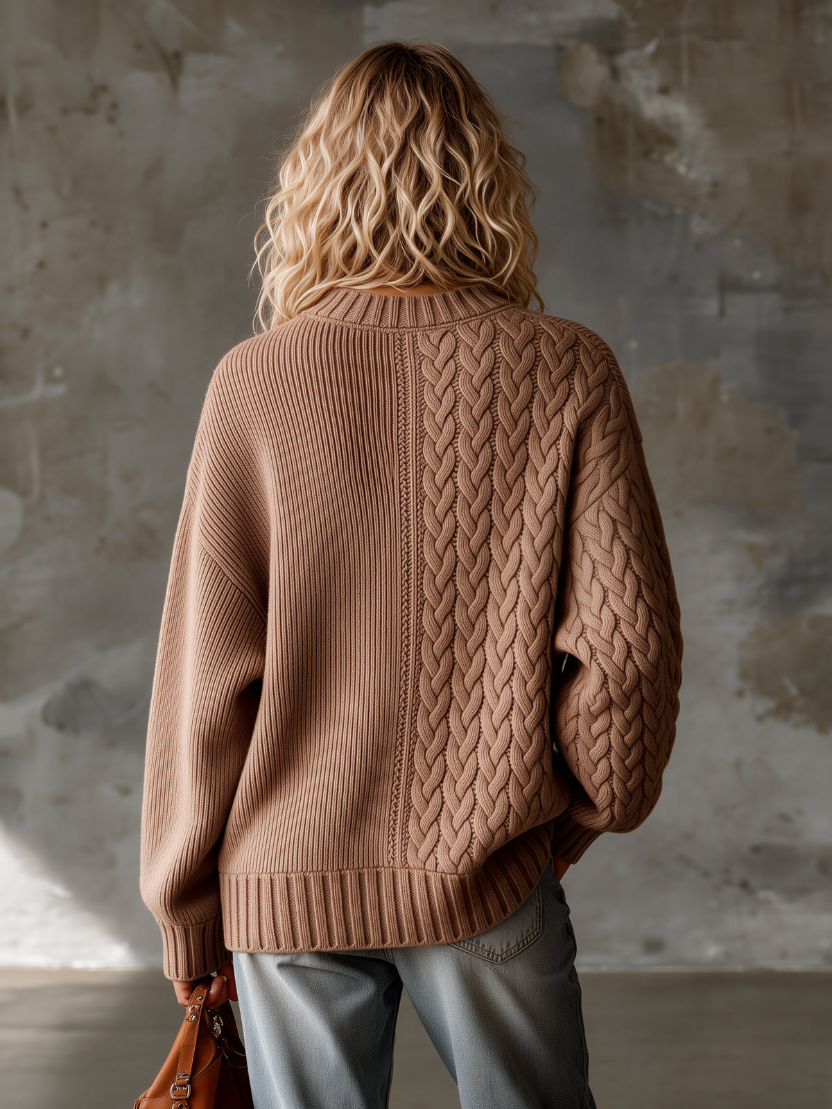 ElevenOra Chic Casual Camel Round-Neck Long-Sleeve Zipper-Front Patchwork Detail Loose-Fit Ribbed Cable Knit Cardigan
