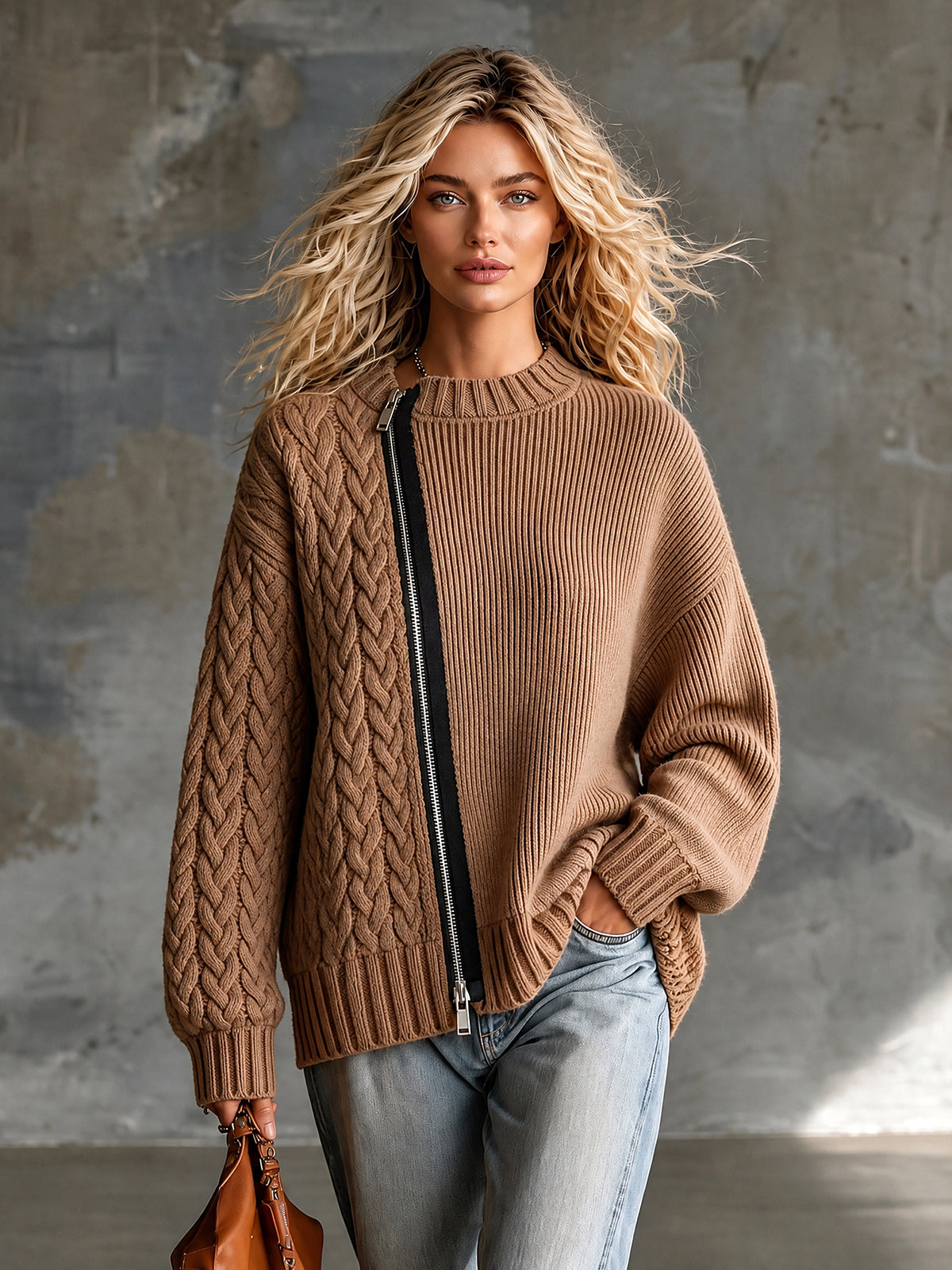 ElevenOra Chic Casual Camel Round-Neck Long-Sleeve Zipper-Front Patchwork Detail Loose-Fit Ribbed Cable Knit Cardigan