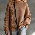 ElevenOra Chic Casual Camel Round-Neck Long-Sleeve Zipper-Front Patchwork Detail Loose-Fit Ribbed Cable Knit Cardigan