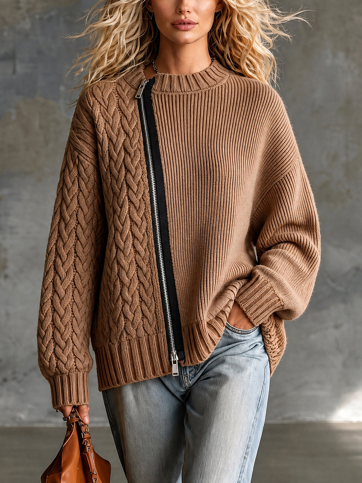 ElevenOra Chic Casual Camel Round-Neck Long-Sleeve Zipper-Front Patchwork Detail Loose-Fit Ribbed Cable Knit Cardigan