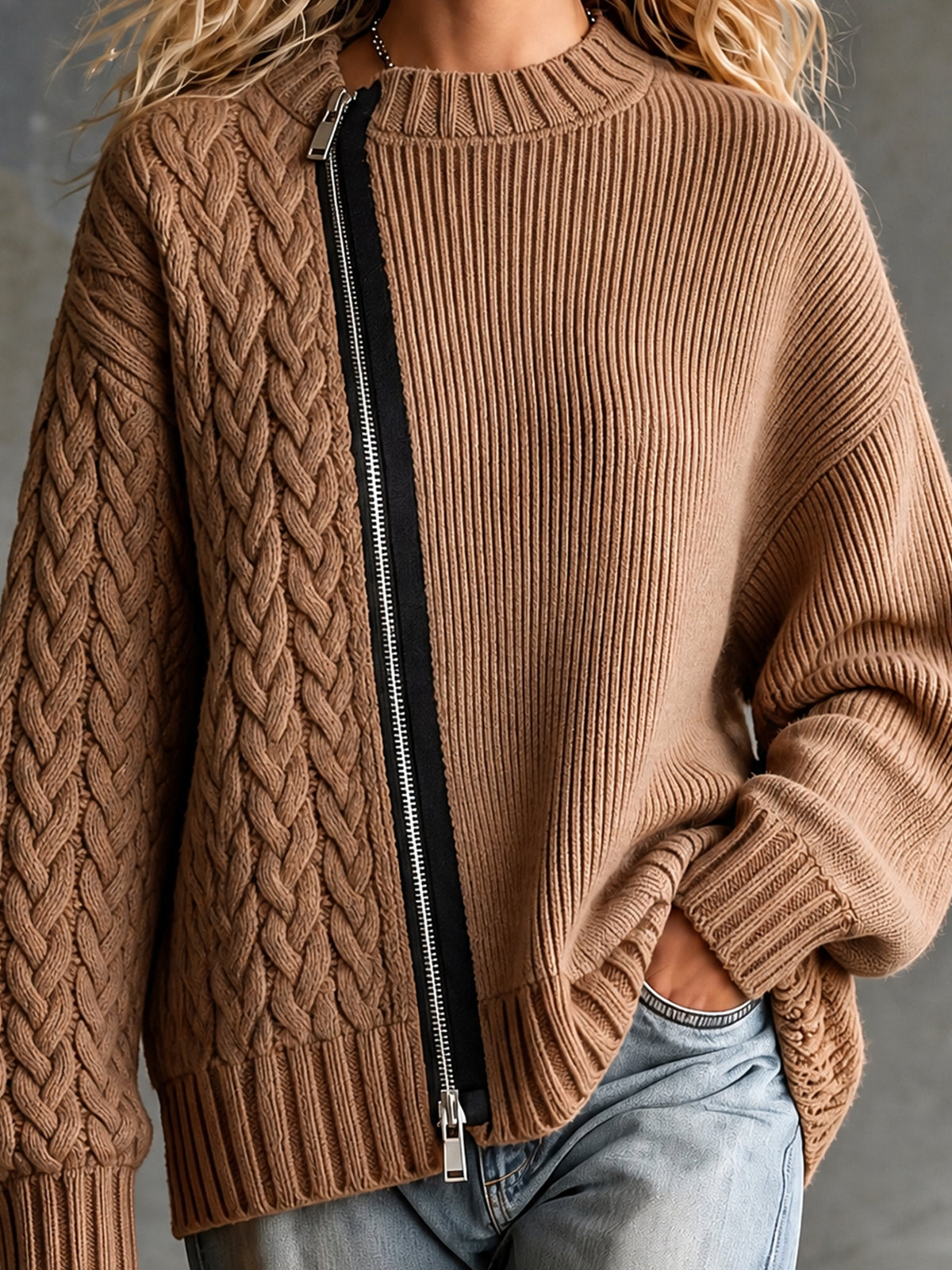 ElevenOra Chic Casual Camel Round-Neck Long-Sleeve Zipper-Front Patchwork Detail Loose-Fit Ribbed Cable Knit Cardigan