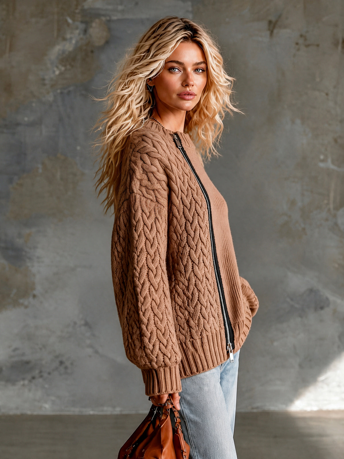 ElevenOra Chic Casual Camel Round-Neck Long-Sleeve Zipper-Front Patchwork Detail Loose-Fit Ribbed Cable Knit Cardigan