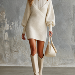 ElevenOra Chic Elegant Off-White Mock Neck Cutout Shoulder Wrap V-Neck Bishop Long Sleeve Slim-Fit Ribbed Knit Mini Dress