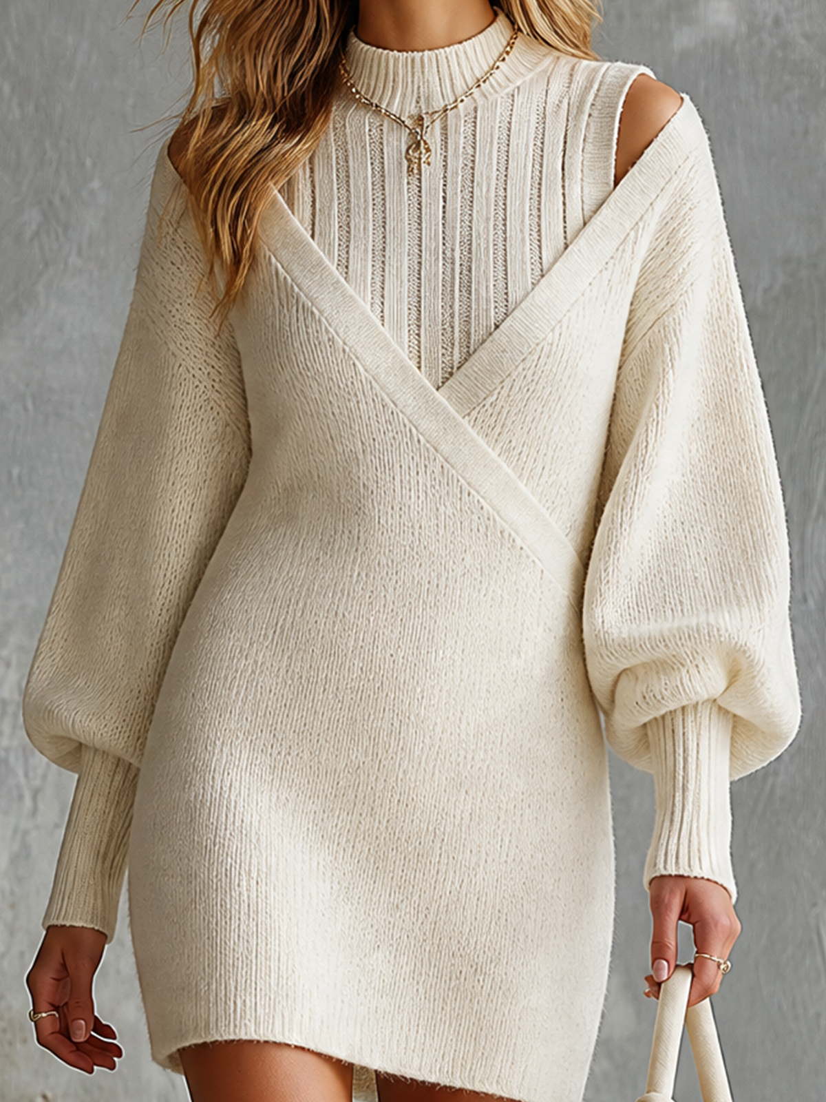 ElevenOra Chic Elegant Off-White Mock Neck Cutout Shoulder Wrap V-Neck Bishop Long Sleeve Slim-Fit Ribbed Knit Mini Dress