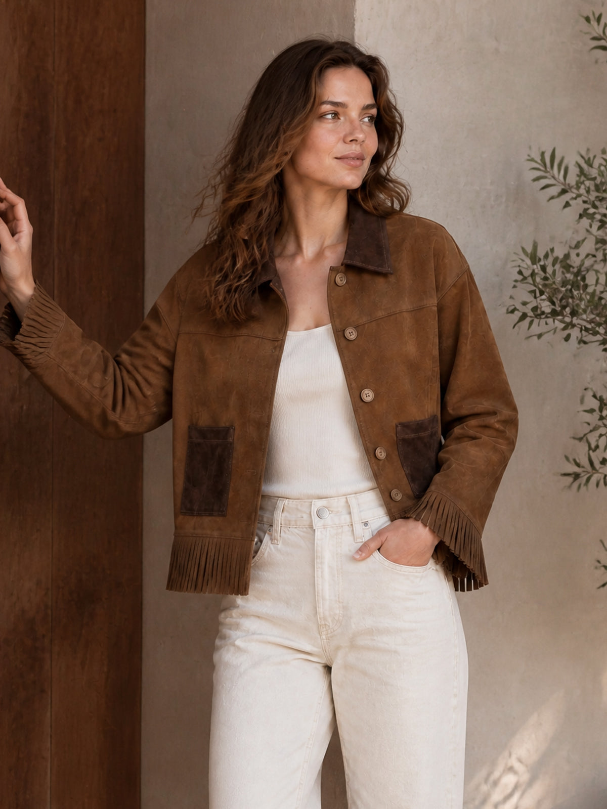 ElevenOra Chic Casual Brown-Coffee Colorblock Lapel Collar Long-Sleeve Single-Breasted Patch Pockets Fringe Detail Cropped Jacket