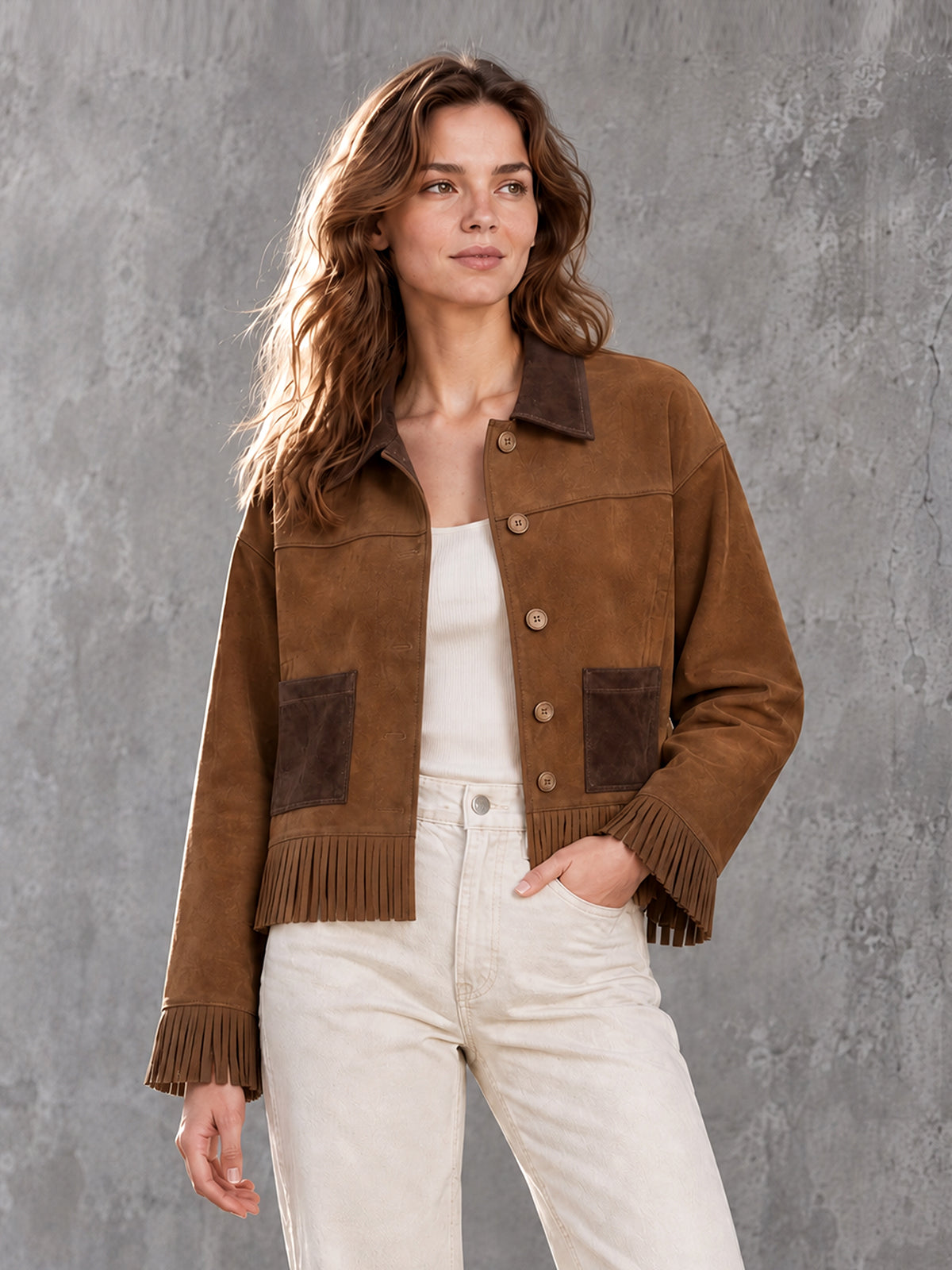 ElevenOra Chic Casual Brown-Coffee Colorblock Lapel Collar Long-Sleeve Single-Breasted Patch Pockets Fringe Detail Cropped Jacket