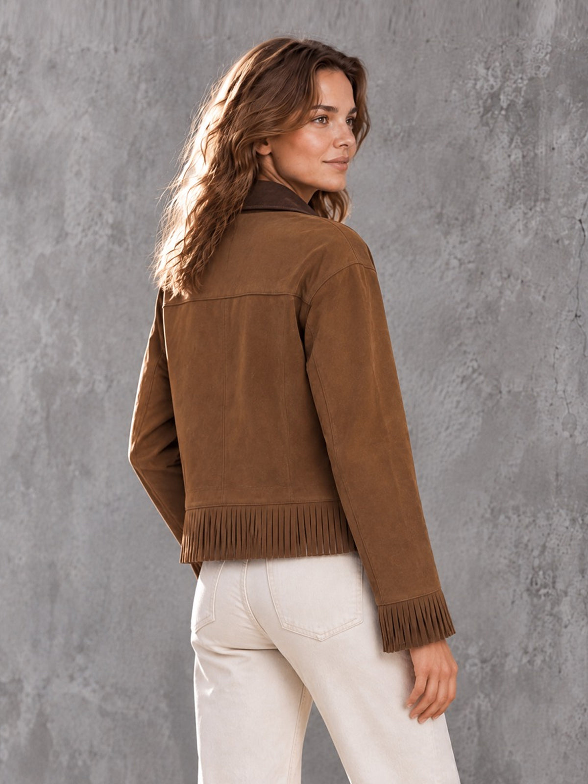 ElevenOra Chic Casual Brown-Coffee Colorblock Lapel Collar Long-Sleeve Single-Breasted Patch Pockets Fringe Detail Cropped Jacket