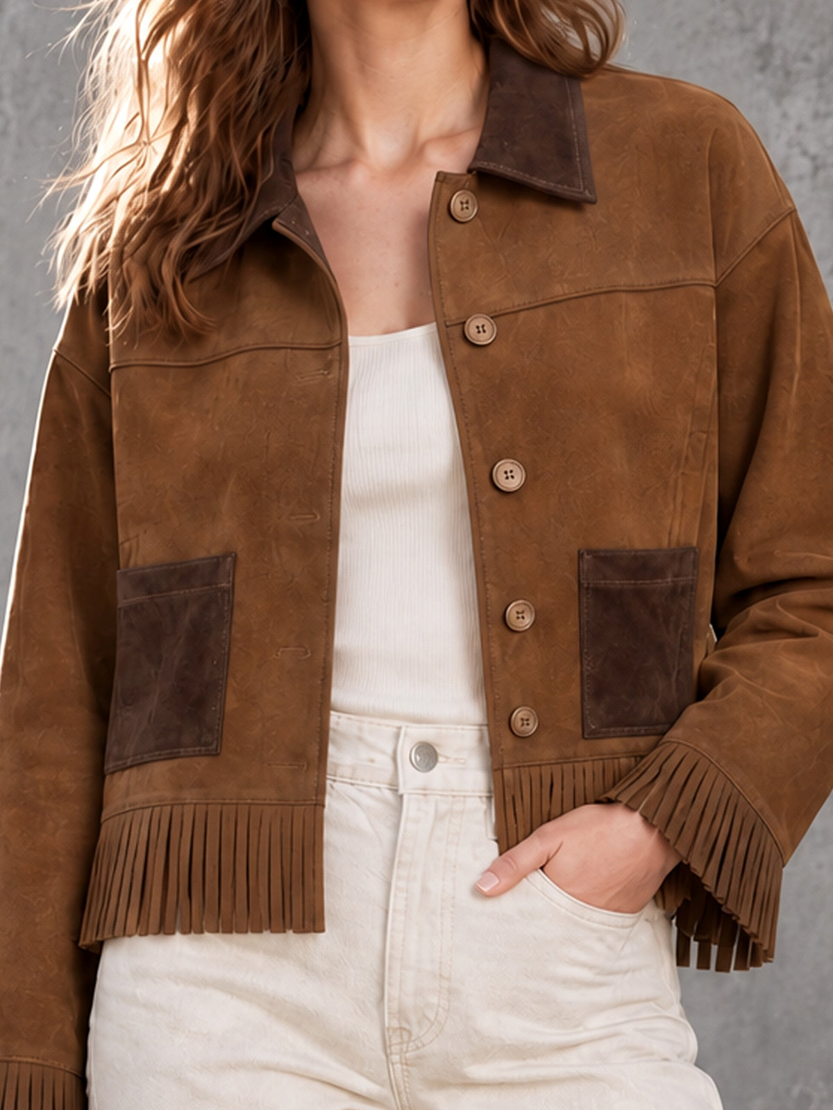ElevenOra Chic Casual Brown-Coffee Colorblock Lapel Collar Long-Sleeve Single-Breasted Patch Pockets Fringe Detail Cropped Jacket