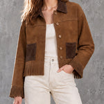 ElevenOra Chic Casual Brown-Coffee Colorblock Lapel Collar Long-Sleeve Single-Breasted Patch Pockets Fringe Detail Cropped Jacket