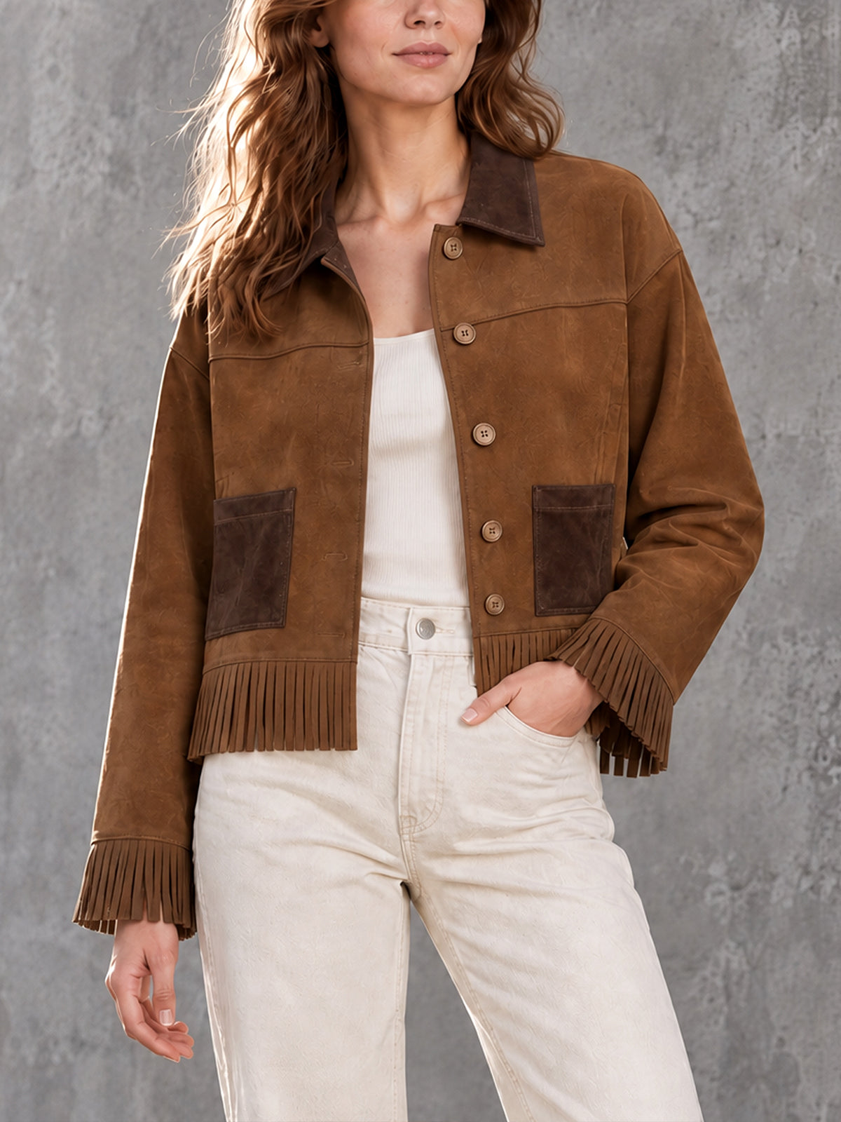 ElevenOra Chic Casual Brown-Coffee Colorblock Lapel Collar Long-Sleeve Single-Breasted Patch Pockets Fringe Detail Cropped Jacket