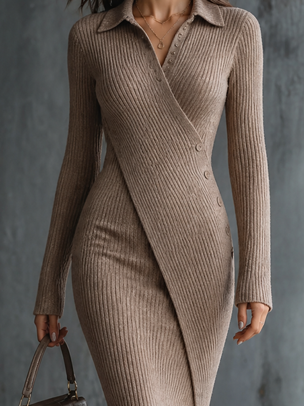 ElevenOra Chic Elegant Taupe Lapel Colla Wrap V-Neck Side Button Detail Long Sleeve Slim-Fit Ribbed Knit Midi Dress
