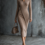 ElevenOra Chic Elegant Taupe Lapel Colla Wrap V-Neck Side Button Detail Long Sleeve Slim-Fit Ribbed Knit Midi Dress