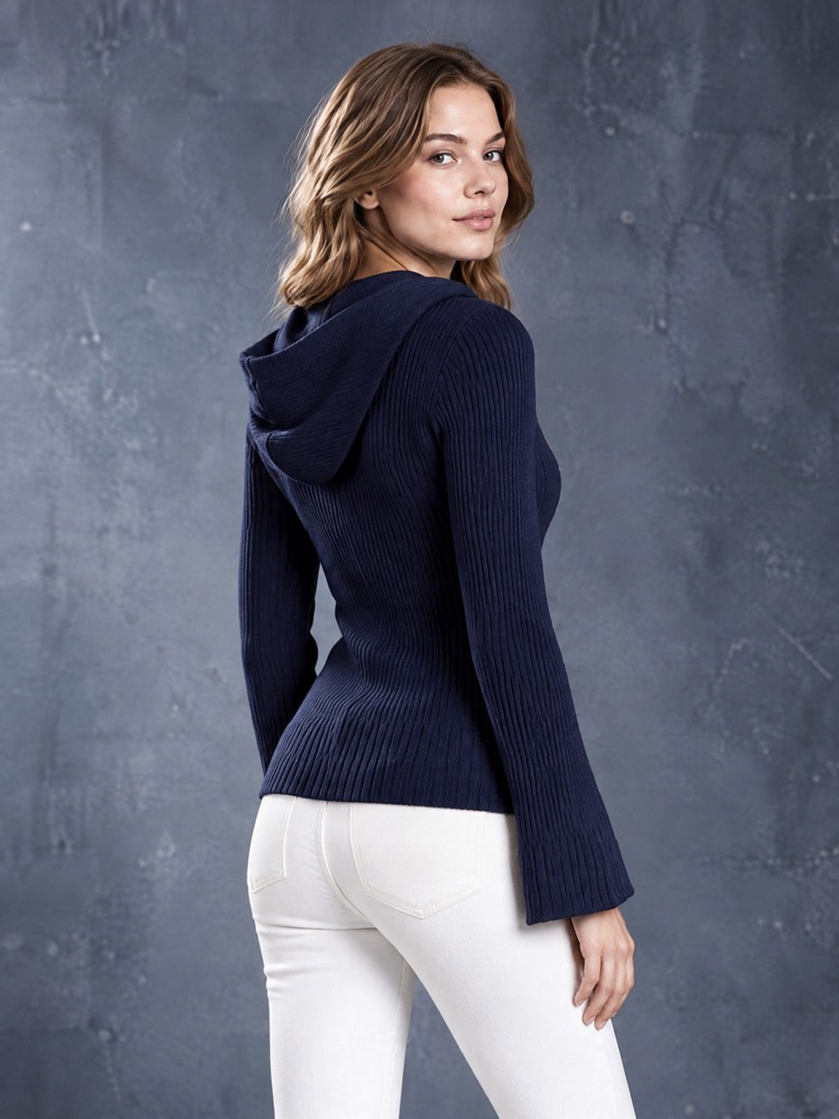 ElevenOra Chic Casual Navy Blue-White Colorblock Hooded-Collar Long-Sleeve Zipper-Front Slim-Fit Wool Blend Ribbed Knit Cardigan