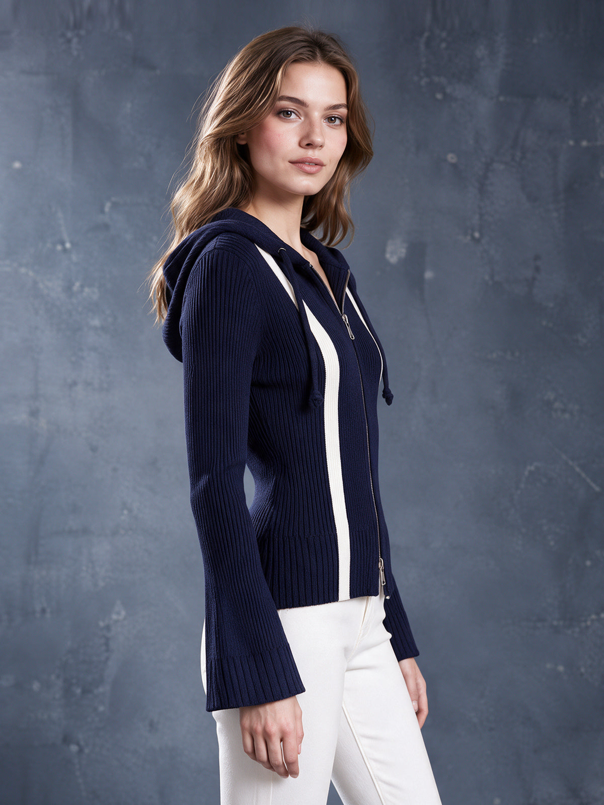 ElevenOra Chic Casual Navy Blue-White Colorblock Hooded-Collar Long-Sleeve Zipper-Front Slim-Fit Wool Blend Ribbed Knit Cardigan