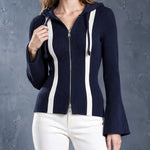 ElevenOra Chic Casual Navy Blue-White Colorblock Hooded-Collar Long-Sleeve Zipper-Front Slim-Fit Wool Blend Ribbed Knit Cardigan