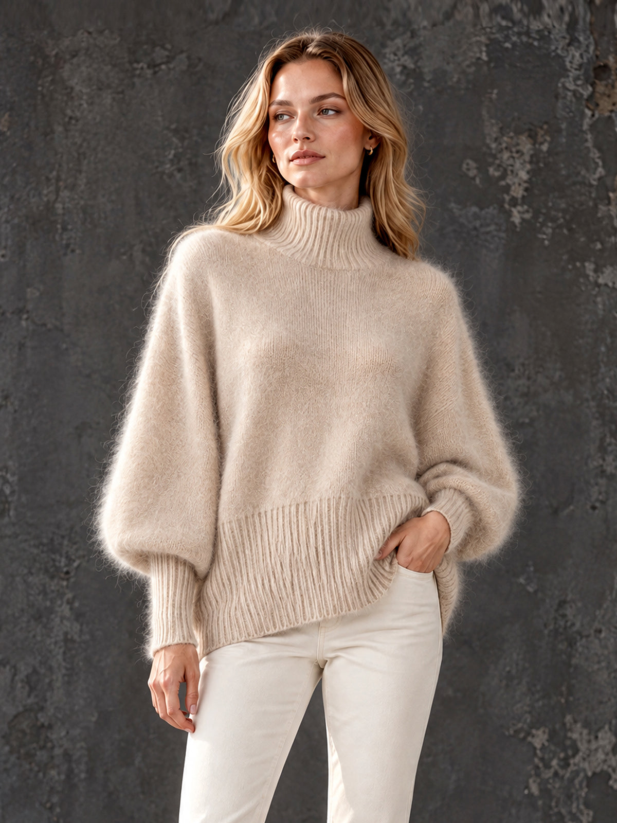 ElevenOra Chic Elegant Oatmeal Turtleneck Long-Batwing-Sleeve Loose-Fit Warm Mohair Blend Knit Sweater