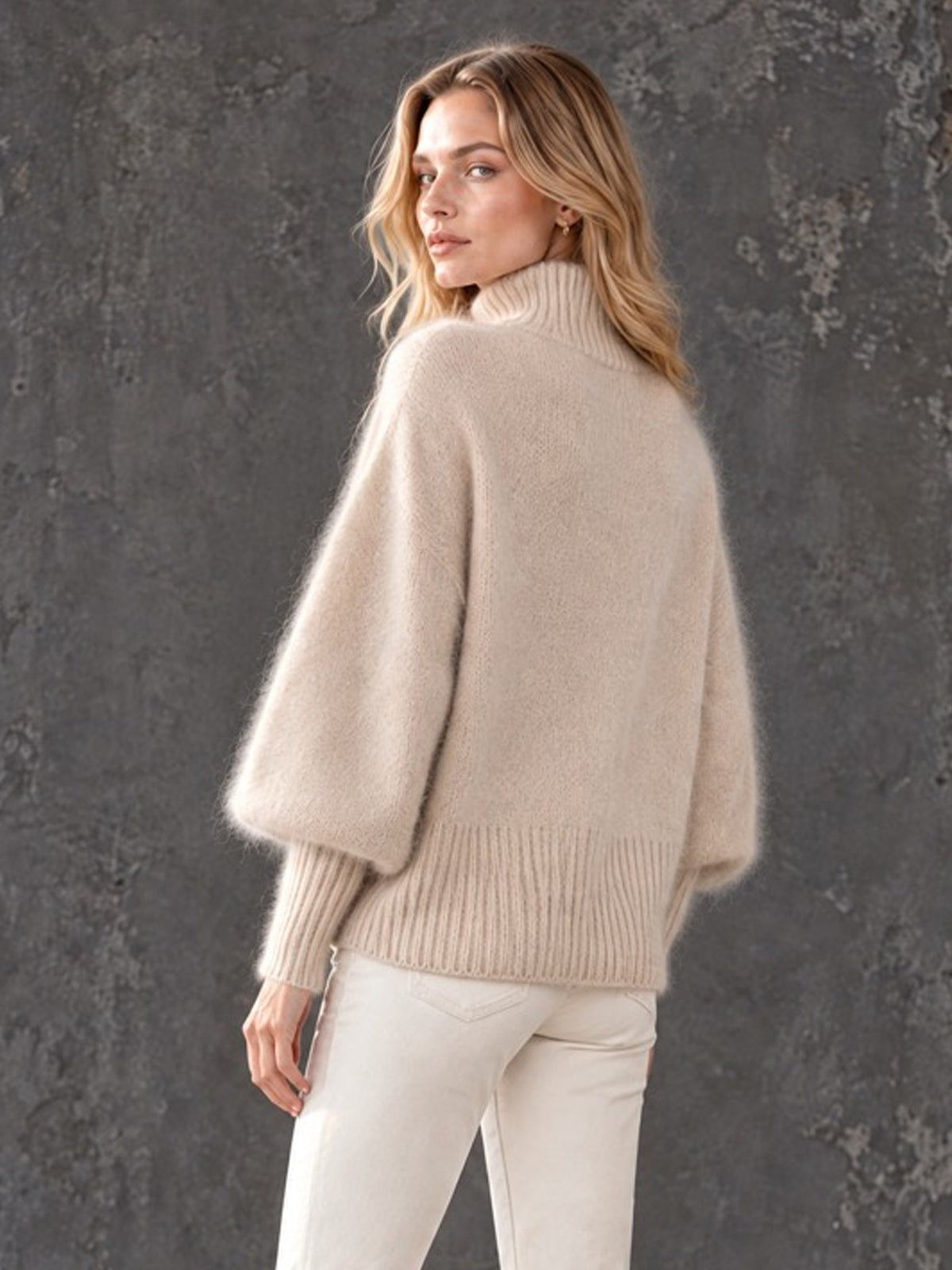 ElevenOra Chic Elegant Oatmeal Turtleneck Long-Batwing-Sleeve Loose-Fit Warm Mohair Blend Knit Sweater