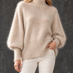 ElevenOra Chic Elegant Oatmeal Turtleneck Long-Batwing-Sleeve Loose-Fit Warm Mohair Blend Knit Sweater